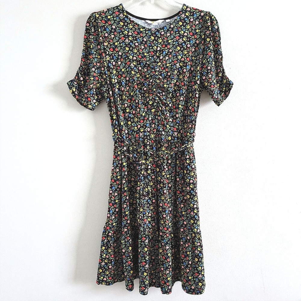 Boden Black Floral Short Sleeve Tiered Fit & Flare Ruched Mini Dress Size  8